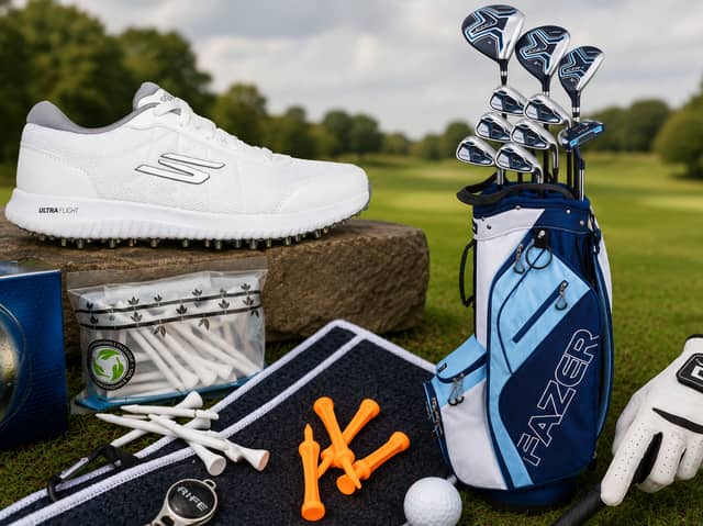 A selection of beginner-friendly golf equipment and accessories available from American Golf, including clubs, shoes, a glove and on-course essentials.