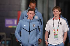 Elliot Anderson and Anthony Gordon of England walk out the tunnel to inspect the pitch before uring the FIFA World Cup 2026 Group L match between England and Ghana at Boston Stadium on June 23, 2026 in Foxborough, Massachusetts. (Photo by Richard Pelham/Getty Images)