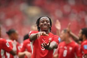 Johan Manzambi #9 of Switzerland celebrates scoring his team's second goal during the FIFA World Cup 2026 Group B match between Switzerland and Canada at BC Place Vancouver on June 24, 2026 in Vancouver, British Columbia. (Photo by Alex Grimm/Getty Images)