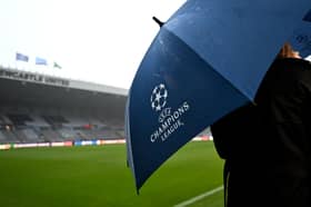 A Champions League branded umbrella is seen prior to the UEFA Champions League match between Newcastle United FC and Borussia Dortmund at St. James Park on October 25, 2023 in Newcastle upon Tyne, England. (Photo by Michael Regan/Getty Images)