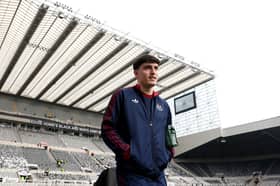 Tino Livramento of Newcastle United arrives at the stadium prior to the Premier League match between Newcastle United and Sunderland at St James' Park on March 22, 2026 in Newcastle upon Tyne, England. (Photo by Stu Forster/Getty Images)
