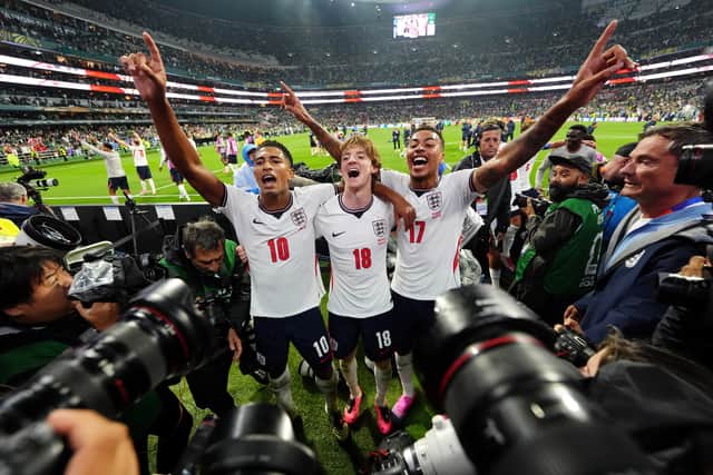 England’s Jude Bellingham (left), Anthony Gordon and Morgan Rogers (right) celebrate (Nick Potts/PA)