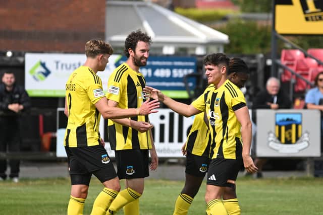 Hebburn Town celebrate during their pre-season friendly win against Warrington Rylands (photo Tyler Lopes)