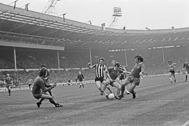 Action from the 1974 FA Cup Final between Newcastle and Liverpool. (Photo by Evening Standard/Hulton Archive/Getty Images)
