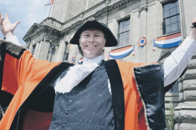 The traditional town crier outside South Shields Town Hall, proclaiming the beacon lighting celebrating Her Majesty the Queen.