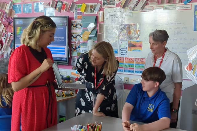 Kate Osborne MP (right) with Georgia Gould MP (middle), the Schools Minister, during a visit to Jarrow School.