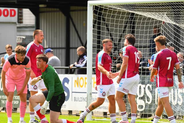 Cedwyn Scott and Paul Blackett celebrate after South Shields equalise in their 1-1 draw with Sunderland Under-21s (photo Kevin Wilson)