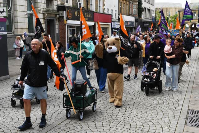 Protesters marched from South Shields' Market Place to South Shields Town Hall.
