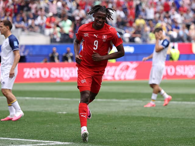 Johan Manzambi of Switzerland celebrates scoring his teams third goal of the game during the FIFA World Cup 2026 Group B match between Switzerland and Bosnia and Herzegovina at Los Angeles Stadium on June 18, 2026 in Inglewood, California. (Photo by Dean Mouhtaropoulos/Getty Images)
