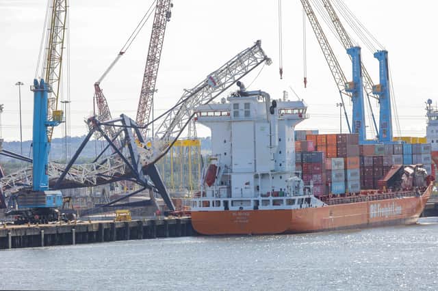 The scene of a major incident after a crane collapsed on the banks of the River Tyne in South Shields on Sunday.