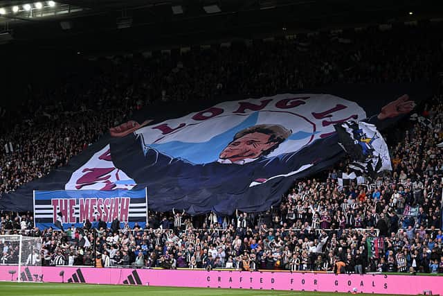 Fans of Newcastle United display a tifo and a banner, which reads "The Messiah" in tribute to former player Kevin Keegan prior to the Premier League match between Newcastle United FC and Manchester United FC at St James' Park on April 13, 2025 in Newcastle upon Tyne, England. (Photo by Stu Forster/Getty Images)