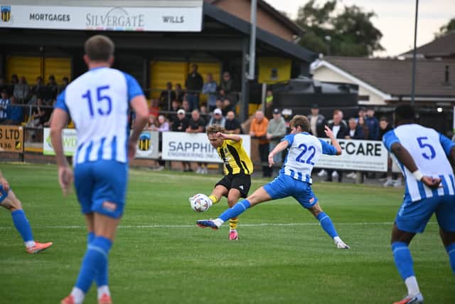 Kian Foreman scores for Hebburn Town against parent club Hartlepool United (photo Tyler Lopes)