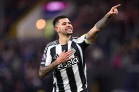 Bruno Guimaraes of Newcastle United celebrates after scoring the third Newcastle goal during the Premier League match between Burnley and Newcastle United at Turf Moor on December 30, 2025 in Burnley, England. (Photo by Stu Forster/Getty Images)