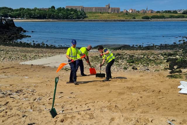 Council workers are starting the clean-up operation after plastic pellets were washed onto South Shields beaches.