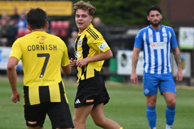 Kian Foreman celebrates after scoring for Hebburn Town in their pre-season friendly with Hartlepool United (photo Tyler Lopes)