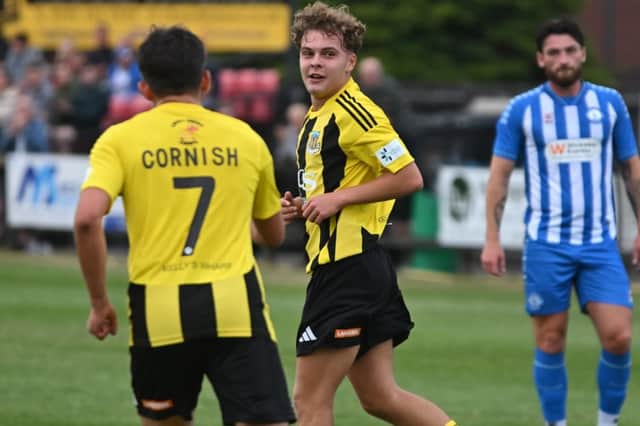 Kian Foreman celebrates after scoring for Hebburn Town in their pre-season friendly with Hartlepool United (photo Tyler Lopes)