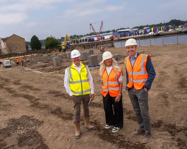 From left: Barry Holmes, of Hebburn Riverside Developments, Michelle Percy, of Develop North, and Brendan O’Grady, of Tier One Capital, at Kelly’s Wharf, in Hebburn.