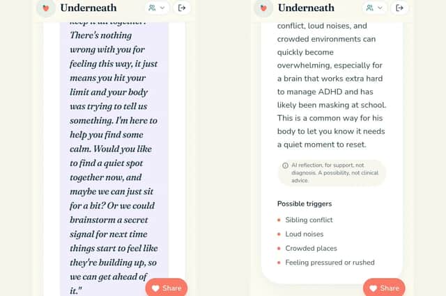 Screenshots of how the Underneath app looks and the kind of responses it can give.