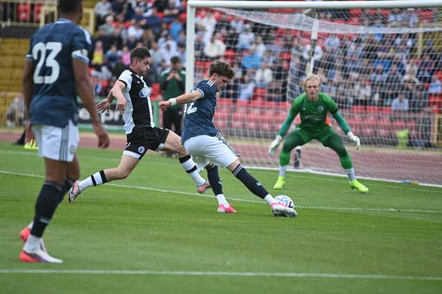 Newcastle United striker Sean Neave fires at goal during the Magpies 1-1 draw at Gateshead (photo Tyler Lopes)