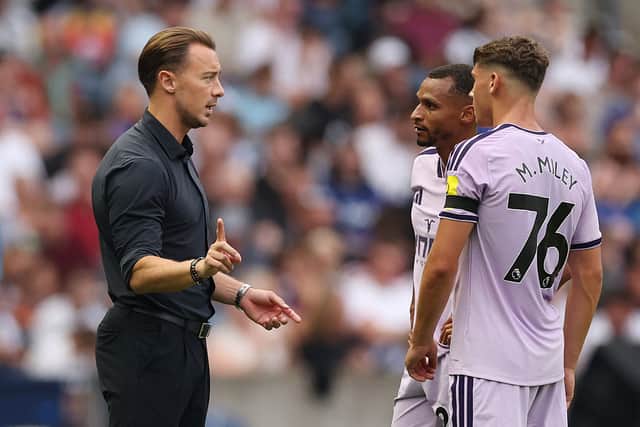 Matthias Jaissle, Manager of Newcastle United talks to Jacob Murphy and Mason Miley during the pre-season friendly match between Newcastle United and Everton at Scottish Gas Murrayfield on August 12, 2026 in Edinburgh, Scotland. (Photo by Stu Forster/Getty Images)