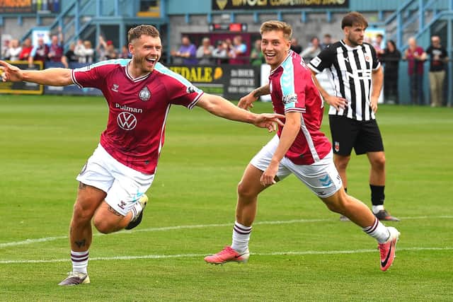 Paul Blackett celebrates after scoring for South Shields in their win against Chorley (photo Kevin Wilson)