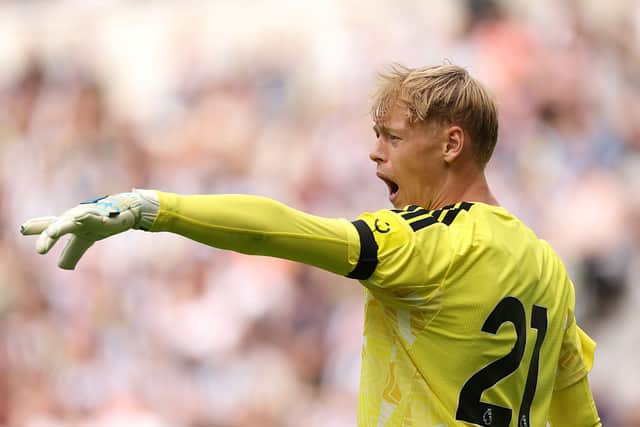 Newcastle goalkeeper Lukas Hornicek in action during the during the pre-season friendly match between Newcastle United and Bayer 04 Leverkusen at St James' Park on August 15, 2026 in Newcastle upon Tyne, England. (Photo by Stu Forster/Getty Images)