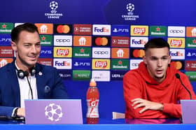 Salzburg's German coach Matthias Jaissle (L) and Bosnian defender Amar Dedic attend a press conference at The Maksimir Stadium in Zagreb on October 10, 2022, on the eve of their UEFA Champions League group E football match against Dinamo Zagreb. (Photo by Denis LOVROVIC / AFP via Getty Images)