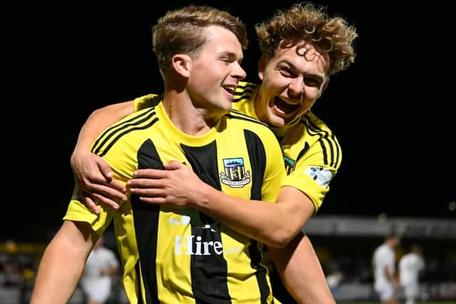 Josh Donaldson and Kian Foreman celebrate after Donaldson scored the only goal of the game in Hebburn Town's win against Worksop Town (photo Tyler Lopes)
