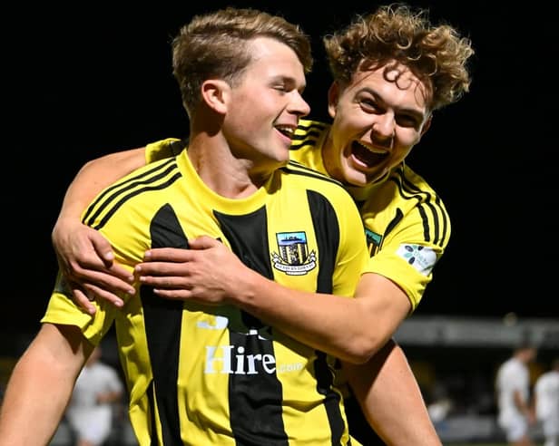 Josh Donaldson and Kian Foreman celebrate after Donaldson scored the only goal of the game in Hebburn Town's win against Worksop Town (photo Tyler Lopes)