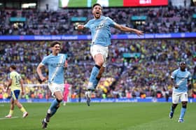 Nico Gonzalez of Manchester City celebrates scoring his team's second goal during the Emirates FA Cup Semi Final match between Manchester City and Southampton at Wembley Stadium on April 25, 2026 in London, England. (Photo by Justin Setterfield/Getty Images)