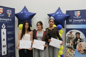 St Joseph's Catholic Academy pupils Hartegh, Katie and Emily with their GCSE results.