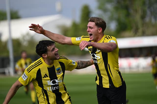 Tom Allan (L) and Jake Charles (R) celebrate the latter's goal in Hebburn Town's 1-1 draw at Brackley Town (photo Tyler Lopes)