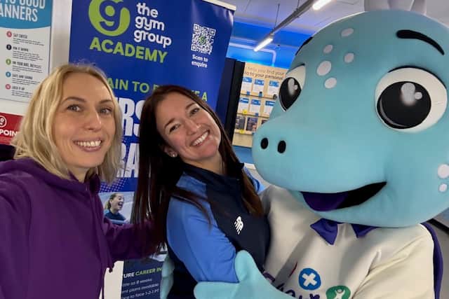 Emma Forster, fundraising manager with STS Charity, and Gym Group general manager Simone Liscombe, with Sid the Seahorse, the official charity mascot.