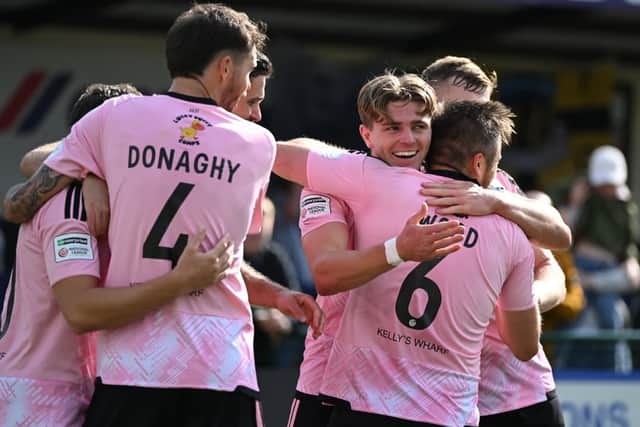 Hebburn Town celebrate after Jake Charles scored the winning goal in their 2-1 victory at National League North rivals Buxton (photo Tyler Lopes)