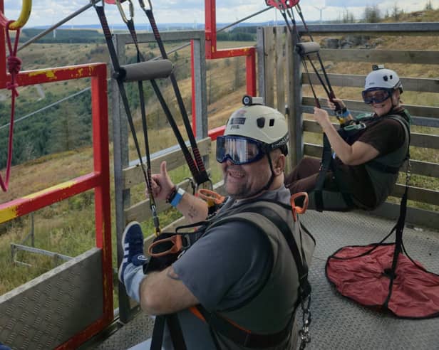 Phil and Stacey Sayers, from Jarrow, have taken on a 70mph zip line just months after Stacey was given the all-clear for breast cancer.