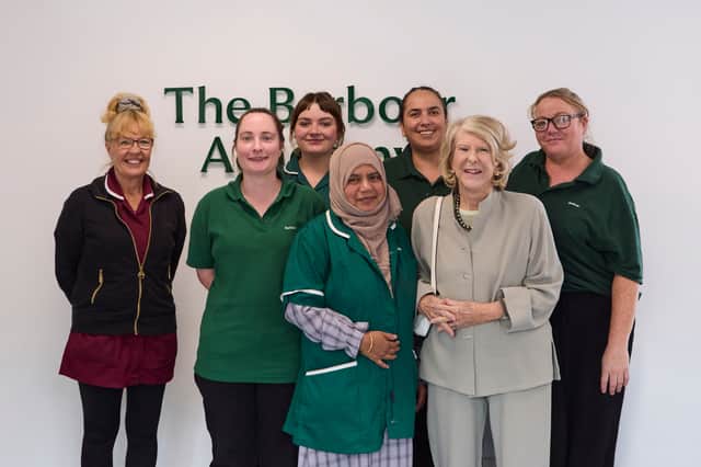 Dame Margaret Barbour (front right) with the first five trainee machinists and trainer Joyce Fawcett (left).