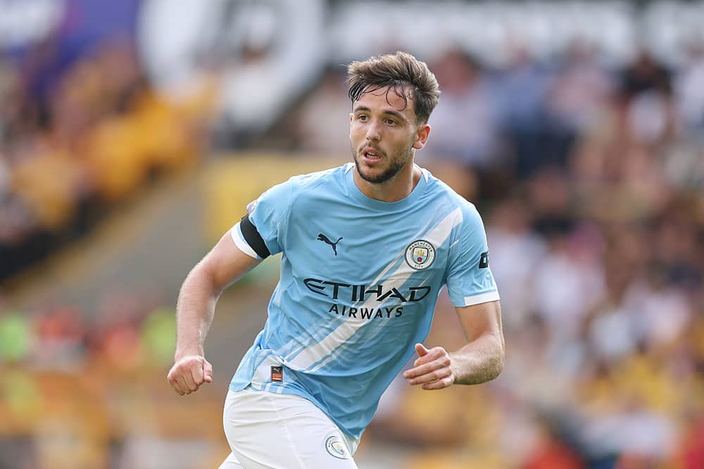 Nico Gonzalez of Manchester City in action during the Premier League match between Wolverhampton Wanderers and Manchester City at Molineux on August 16, 2025 in Wolverhampton, England. (Photo by Michael Regan/Getty Images)
