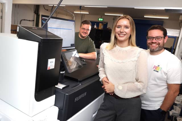 From left: James Holloway North East Fund, Ruby Knowles FW Capital and Stephen Downey of Cut Print Solutions.