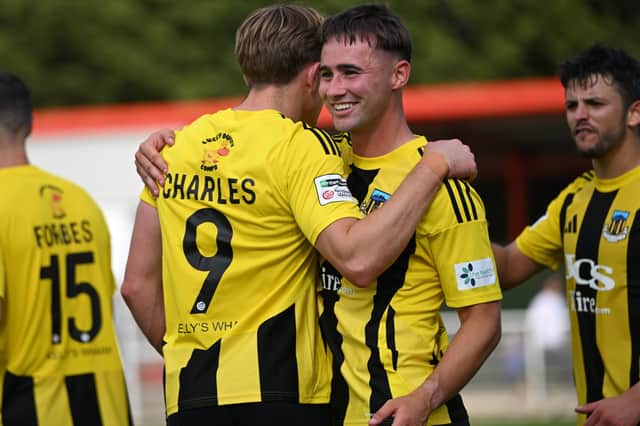 Joe Oliver and Jake Charles celebrate after the latter scored in Hebburn Town's draw at Brackley Town (photo Tyler Lopes)