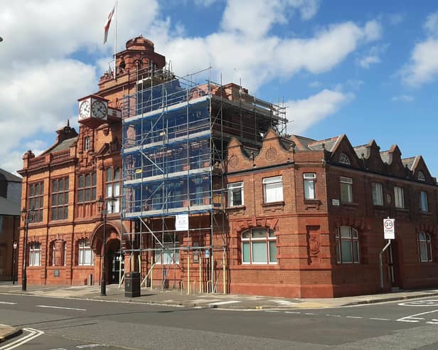 The scaffold is up at Jarrow Town Hall.