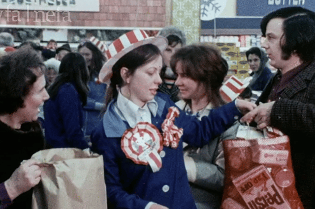 Packing groceries in a Sunderland store as excitement mounts in1973.