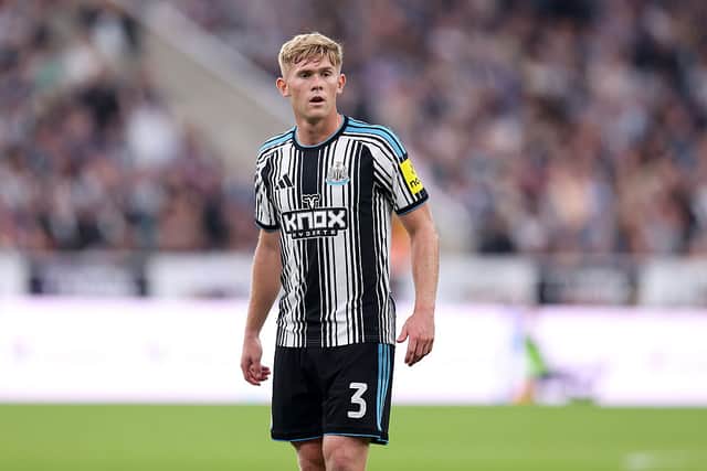 NEWCASTLE UPON TYNE, ENGLAND - AUGUST 26: Lewis Hall of Newcastle United looks on during the Carabao Cup Second Round match between Newcastle United and West Bromwich Albion at St James' Park on August 26, 2026 in Newcastle upon Tyne, England. (Photo by George Wood/Getty Images)