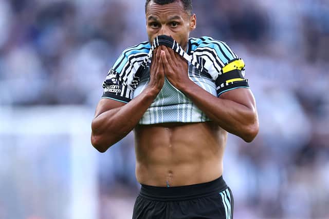 Jacob Murphy of Newcastle United reacts during the Premier League 2026/27 match between Newcastle United and Liverpool FC at St James' Park on August 23, 2026 in Newcastle upon Tyne, England. (Photo by Molly Darlington/Getty Images)