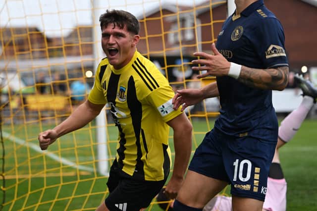 Liam Murray celebrates after scoring in Hebburn Town's 4-2 win against King's Lynn Town (photo Tyler Lopes)
