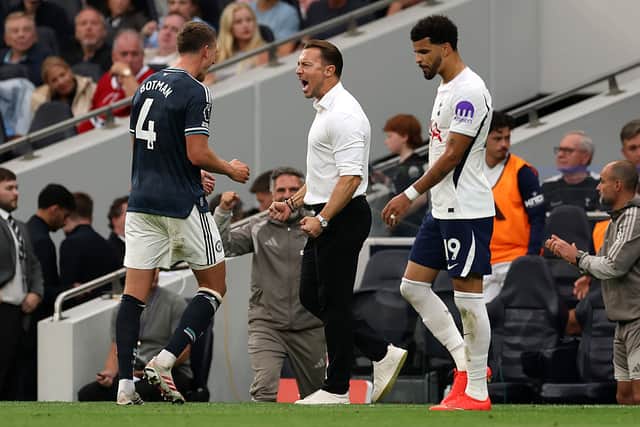 Matthias Jaissle, Manager of Newcastle United, and Sven Botman of Newcastle United celebrate after the Premier League 2026/27 match between Tottenham Hotspur and Newcastle United at Tottenham Hotspur Stadium on August 29, 2026 in London, England. (Photo by Richard Heathcote/Getty Images)