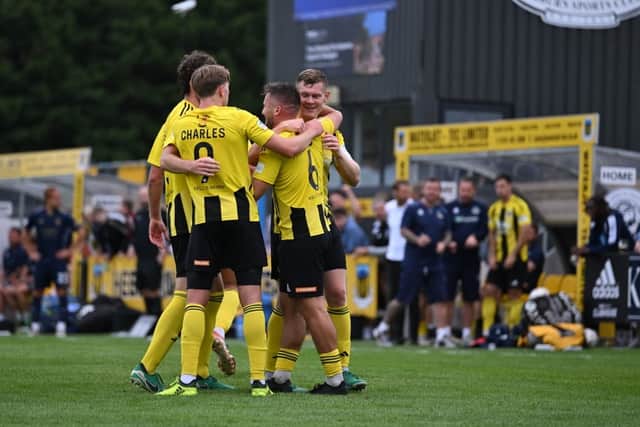 Hebburn Town celebrate after Ethan Wood scored in their 4-2 home win against King's Lynn Town (photo Tyler Lopes)
