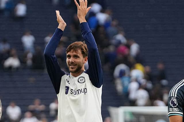 Newcastle United's Spanish midfielder #06 Nico Gonzalez celebrates in front of their fans after the English Premier League football match between Tottenham Hotspur and Newcastle United at the Tottenham Hotspur Stadium in London, on August 29, 2026. Newcastle won the game 2-0. (Photo by CARLOS JASSO / AFP via Getty Images) 