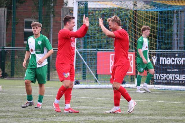 Boldon CA celebrate after scoring in their win at Northern League Division Two rivals Billingham Synthonia (photo Jess Kelly)