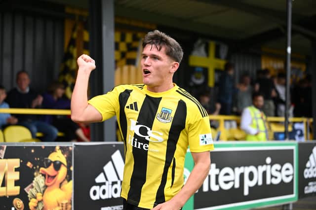 Liam Murray celebrates after scoring in Hebburn Town's 4-2 home win against King's Lynn Town (photo Tyler Lopes)