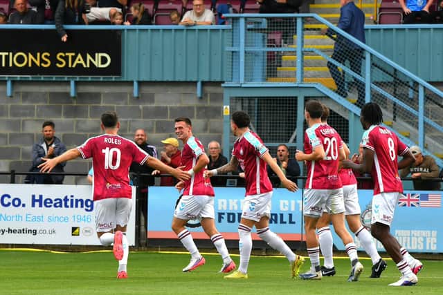 Jordan Marshall celebrates after scoring his first goal for South Shields in their 1-1 draw with Spalding United (photo Kevin Wilson)